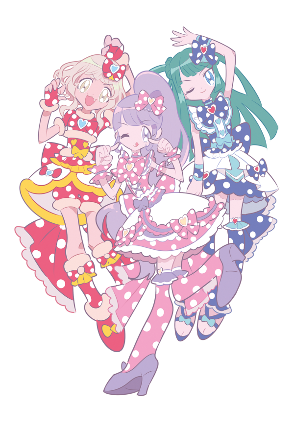 3girls, :d, arm_up, blue_bow, blue_dress, blue_eyes, blunt_bangs, blunt_ends, bow, brown_hair, dress, fingers_to_cheeks, full_body, gloves, green_hair, hand_up, hands_up, high_heels, idol_clothes, long_hair, looking_at_viewer, manaka_non, mikannu, multiple_girls, one_eye_closed, open_mouth, pink_bow, pink_dress, pink_thighhighs, polka_dot, polka_dot_bow, polka_dot_dress, pretty_series, pripara, purple_footwear, purple_hair, red_bow, red_gloves, red_shorts, short_hair, shorts, side_ponytail, simple_background, smile, standing, taiyo_pepper, thigh-highs, tsukikawa_chili, two_side_up, very_long_hair, violet_eyes, white_background