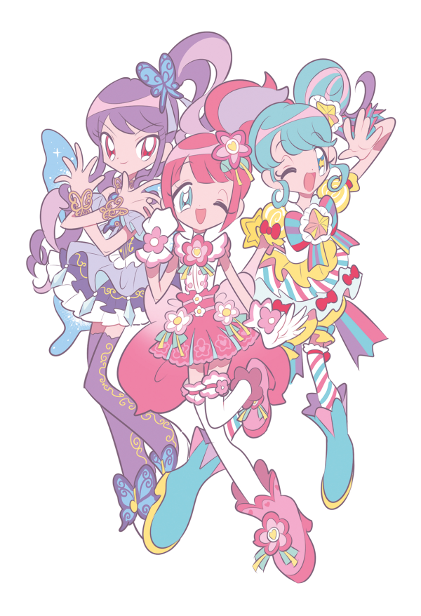 3girls, blue_eyes, blue_footwear, blue_hair, blue_wings, boots, butterfly_hair_ornament, butterfly_wings, closed_mouth, crossed_arms, dress, flower, full_body, gloves, green_eyes, hair_bun, hair_flower, hair_ornament, hand_up, hands_up, idol_clothes, insect_wings, junon_(pripara), kanon_(pripara), long_hair, looking_at_viewer, mikannu, multicolored_hair, multiple_girls, one_eye_closed, open_mouth, pink_flower, pink_footwear, pink_hair, pink_skirt, pinon_(pripara), pretty_series, pripara, purple_dress, purple_hair, purple_thighhighs, red_eyes, shirt, side_ponytail, sidelocks, simple_background, single_side_bun, skirt, smile, standing, standing_on_one_leg, star_(symbol), star_hair_ornament, streaked_hair, thigh-highs, white_background, white_gloves, white_shirt, white_thighhighs, wings