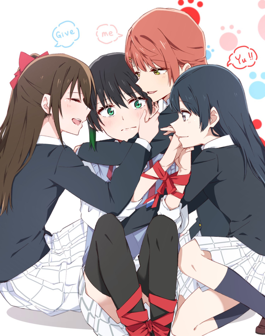 4girls, azuna_(love_live!), black_hair, black_jacket, black_thighhighs, blue_vest, blush, bound