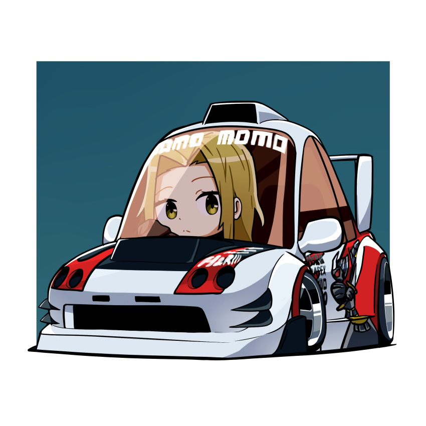 1girl, absurdres, blue_background, brown_sweater, car, chibi, driving, duz
