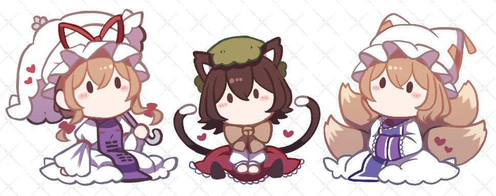 3girls, blonde_hair, breasts, brown_eyes, brown_hair, chen, chibi, dress