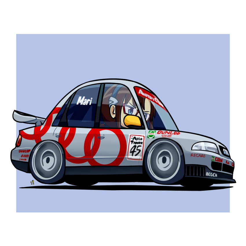 1girl, absurdres, audi, audi_a4, blue_background, blue_eyes, blue_hairband, border