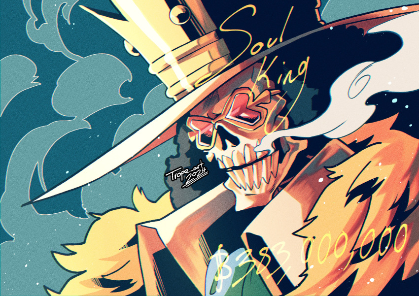 1boy, absurdres, afro, brook_(one_piece), close-up, collared_shirt, crown, english_commentary