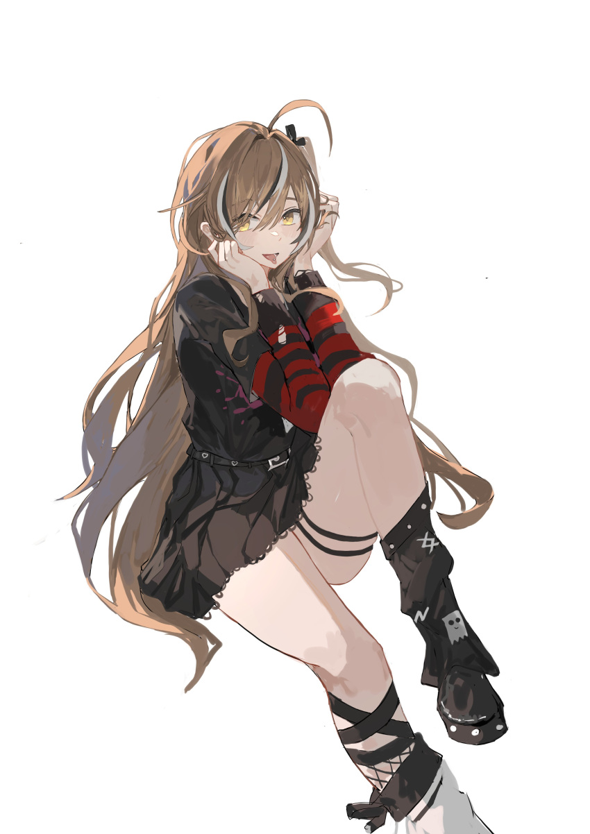 1girl, absurdres, ahoge, belt, black_bow, black_footwear, black_hair, black_shirt
