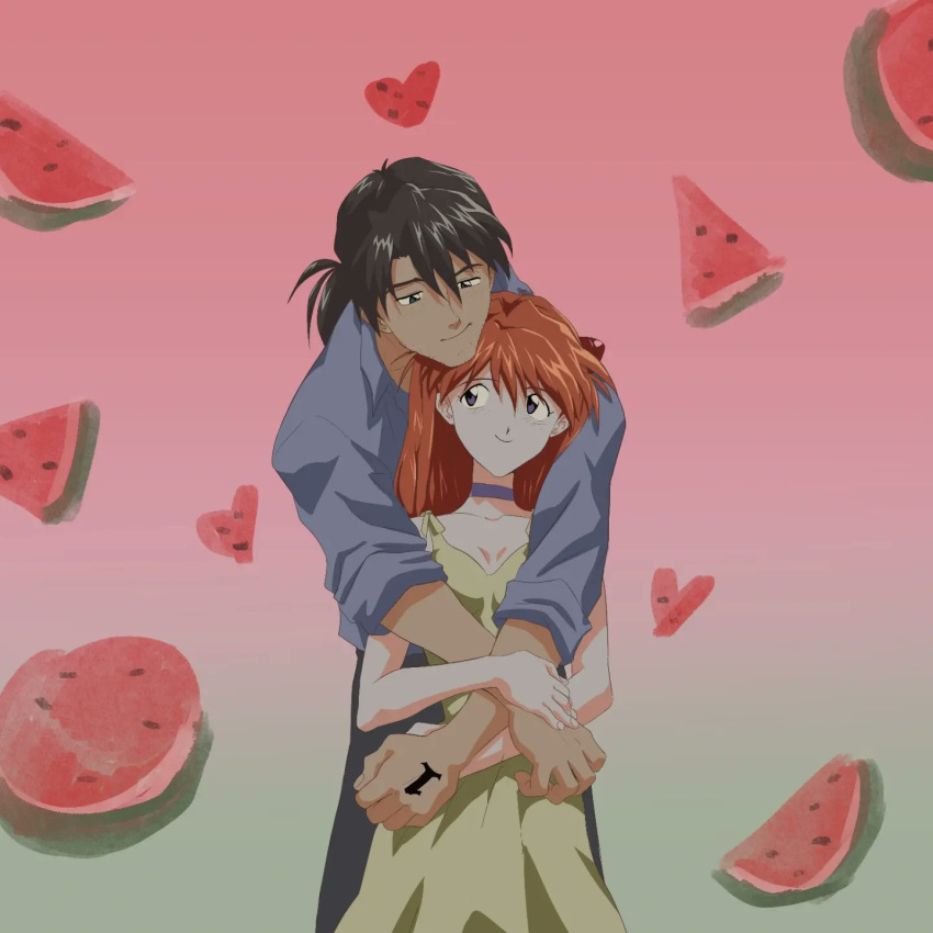 1boy, 1girl, amondetauro, blue_choker, choker, couple, dress, food, fruit, heart, hetero, highres, kaji_ryouji, neon_genesis_evangelion, orange_hair, smile, souryuu_asuka_langley, watermelon, yellow_dress