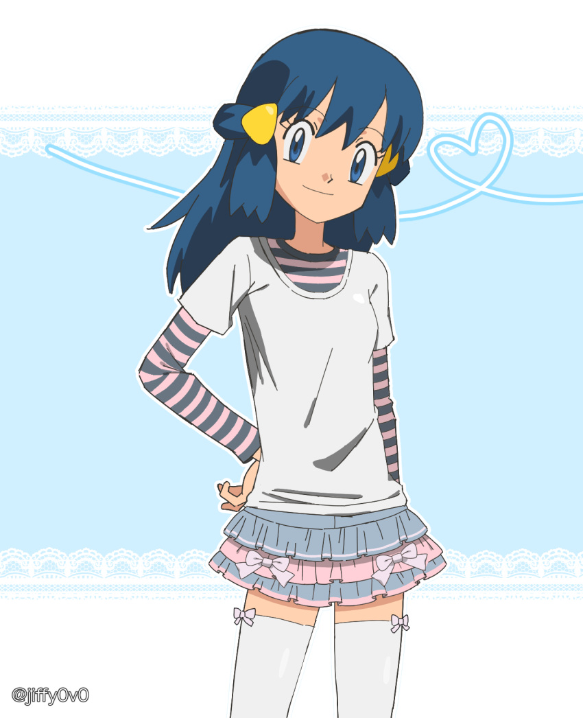 1girl, alternate_costume, blue_eyes, blue_hair, closed_mouth, commentary, cowboy_shot, eyelashes
