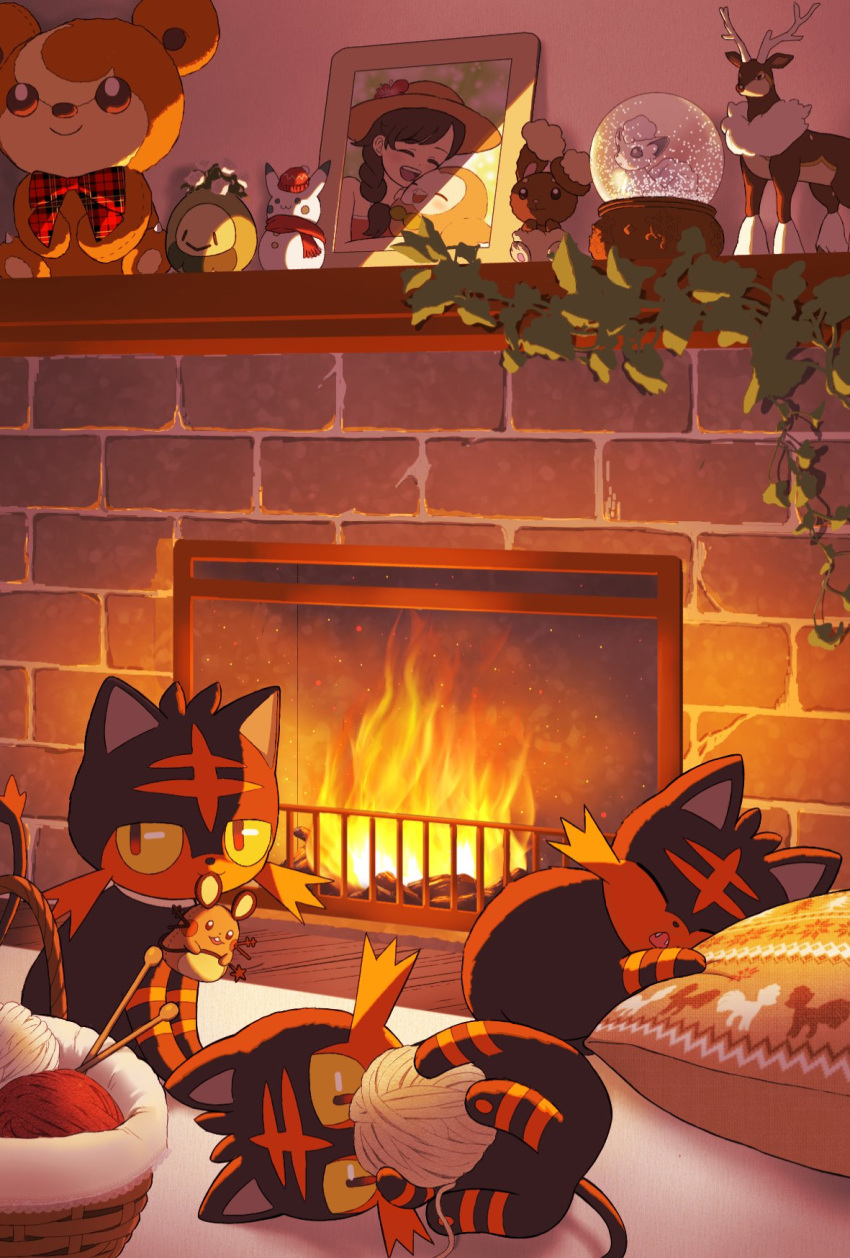 :o, alolan_vulpix, budew, buneary, character_doll, closed_eyes, commentary_request, cushion, dedenne, fangs, fire, fireplace, highres, holding, indoors, litten, lying, mouth_hold, mri_361, no_humans, on_side, open_mouth, photo_(object), pokemon, pokemon_(creature), pokemon_usum, sawsbuck, sawsbuck_(winter), selene_(pokemon), shelf, sitting, smile, snow_globe, stuffed_animal, stuffed_toy, teddiursa, teddy_bear, yarn, yarn_ball