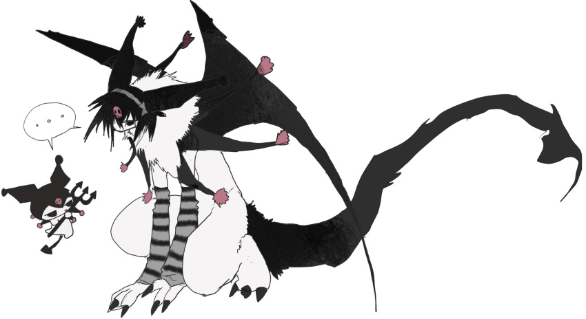 animal_ears, animal_focus, arm_warmers, bat_wings, black_arm_warmers, black_eyes, black_hair, black_tail
