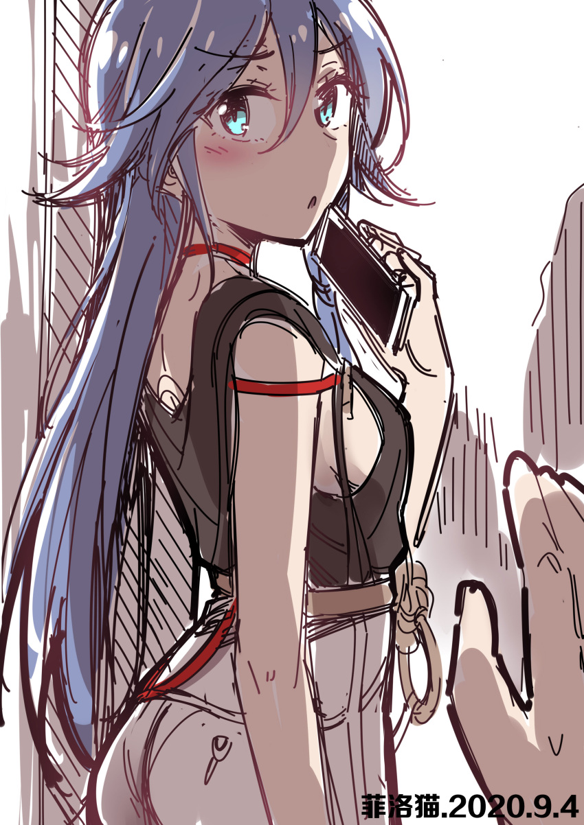 1girl, absurdres, artist_name, ass, belt, black_choker, black_shirt, blue_eyes