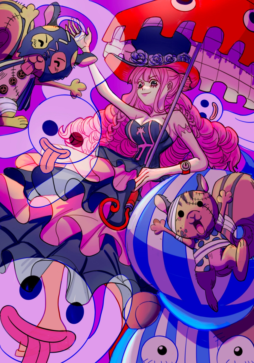 1girl, animal, arm_tattoo, arm_up, braid, dress, drill_hair, frilled_dress, frills, ghost, hat, highres, holding, holding_umbrella, kumacy, long_dress, long_hair, looking_at_viewer, one_piece, perona, pink_lips, purple_background, risky_brothers_zombies, sidelocks, smile, squirrel, strapless, strapless_dress, tattoo, tongue, tongue_out, top_hat, umbrella, watch, watch, yoki_(ricardo_blue73)