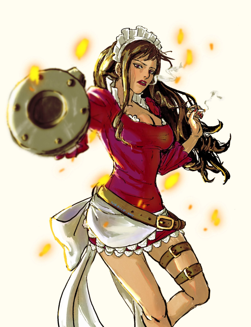 1girl, apron, baby_5, belt, cigarette, cowboy_shot, highres, holding