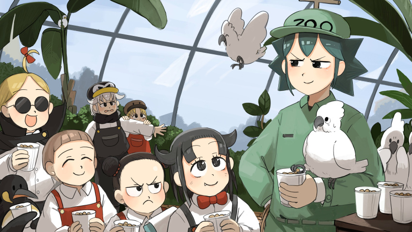 6+girls, :d, absurdres, ahoge, aqua_hair, aqua_headwear, aqua_shirt, bird