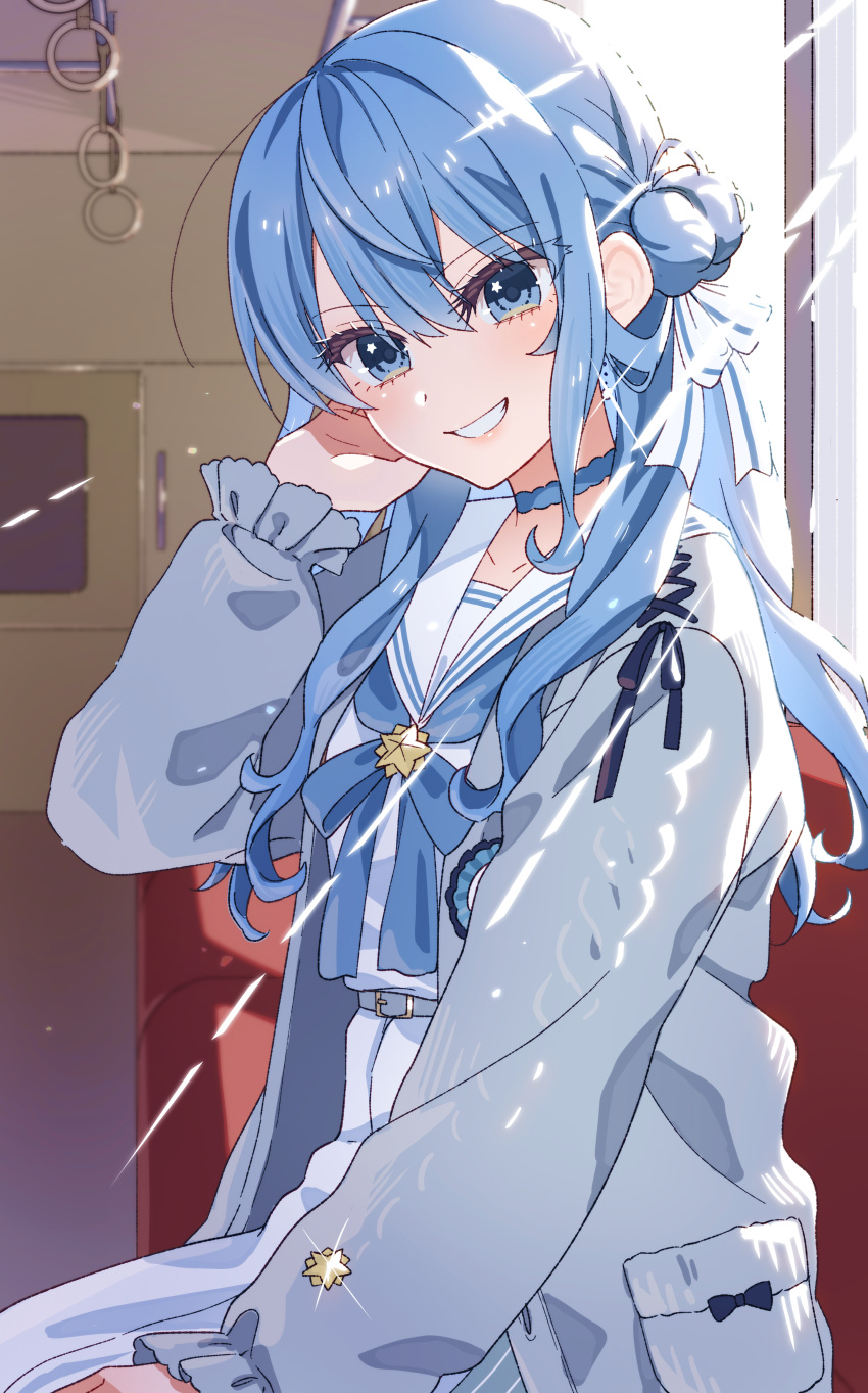 1girl, absurdres, aran_sweater, award_ribbon, belt, belt_buckle, bloom, blue_belt
