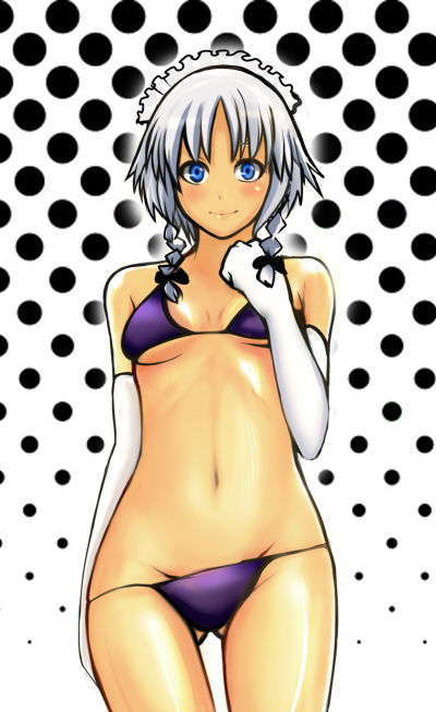 artist_request, bikini_pull, blue_eyes, braid, elbow_gloves, gloves, izayoi_sakuya, kuri-magu_kuroguro