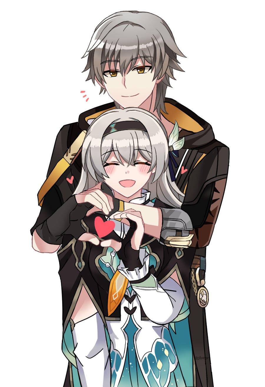 blush, caelus_(honkai:_star_rail), closed_eyes, dot_nose, fingerless_gloves, firefly_(honkai:_star_rail), gloves, grey_hair
