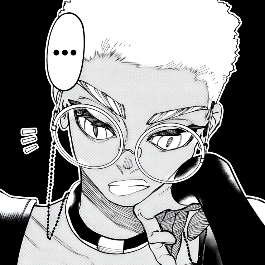 absurdres, dark-skinned_female, dark_skin, gachiakuta, glasses, highres, reading, semiu_(gachiakuta), short_hair, solo, urana_kei, white_hair