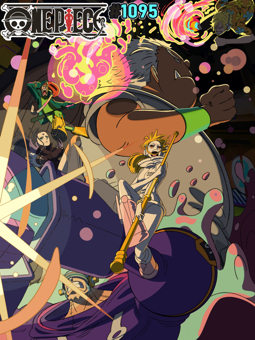 2girls, 4boys, absurdres, black_hair, blonde_hair, blue_hair, boots, buzz_cut, commentary, english_commentary, eyelashes, fighting, franky_(one_piece), grandguerrilla, highres, long_hair, multiple_boys, multiple_girls, nami_(one_piece), nico_robin, official_art, one_piece, open_mouth, orange_eyes, orange_hair, promotional_art, s-shark, sanji_(one_piece), seraphim_(one_piece), serious, short_hair, staff, usopp, very_short_hair