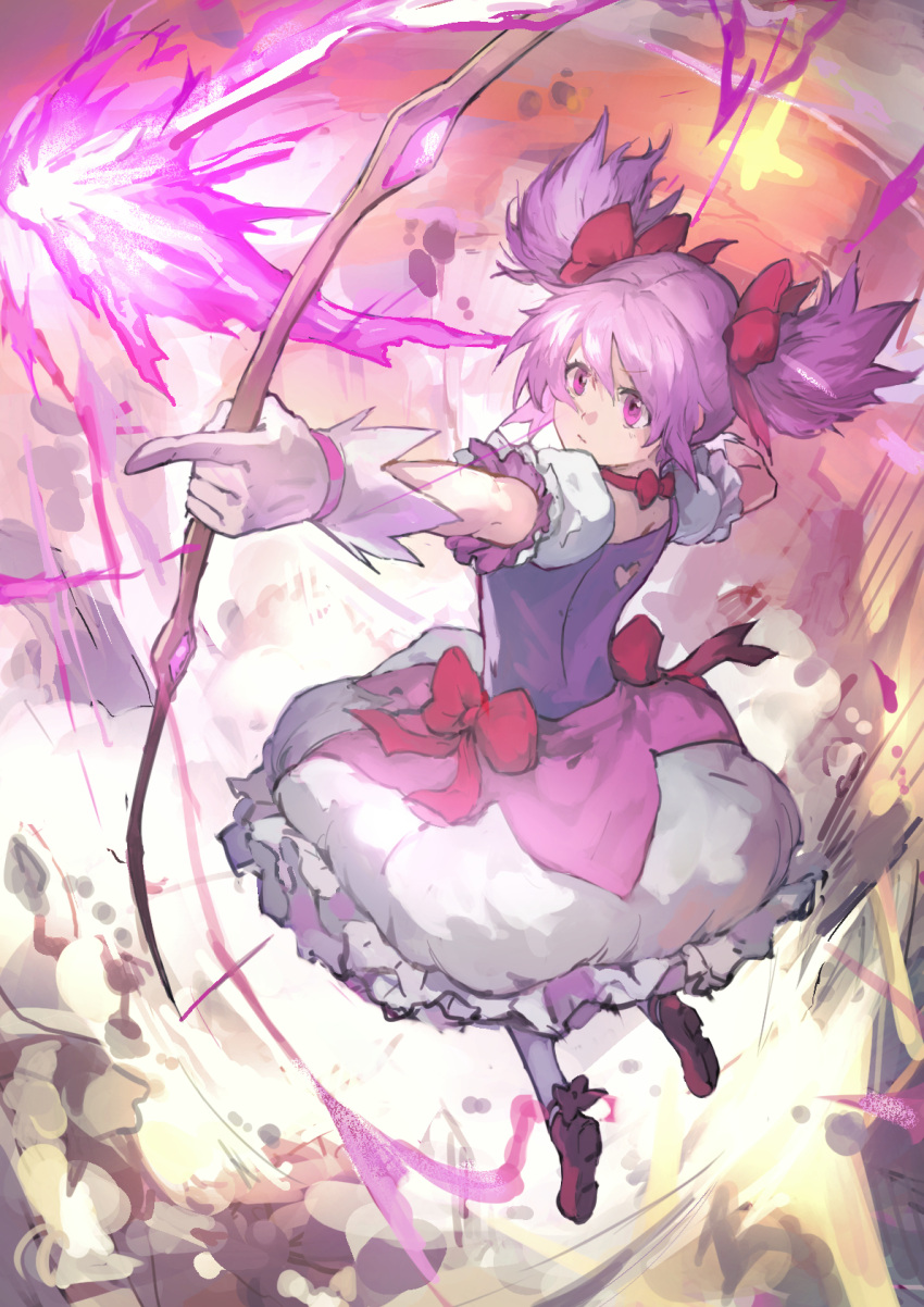 1girl, aiming, bow, bow_(weapon), bubble_skirt, choker, drawing_bow, dress