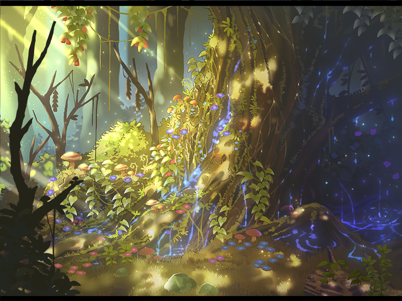 apokarihardcore, blue_flower, commentary_request, dappled_sunlight, day, flower, forest, landscape, letterboxed, moss, mushroom, nature, no_humans, original, outdoors, pink_flower, purple_flower, sunlight, tree
