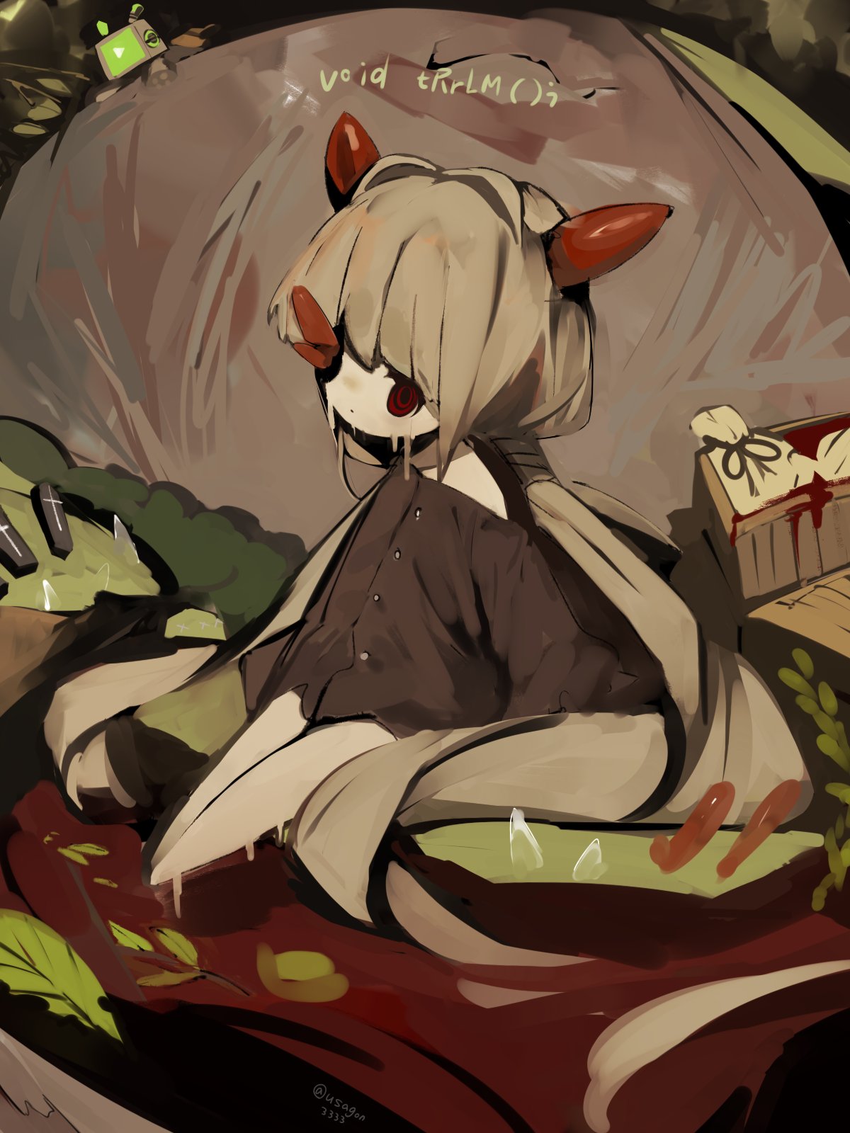 1girl, barefoot, brown_hair, buttons, closed_mouth, coffin, commentary_request, commission, copyright_name, crate, expressionless, full_body, head_tilt, highres, horns, leaf, long_hair, looking_at_viewer, low_twintails, melting, missing_eye, off_shoulder, red_eyes, ringed_eyes, robot, robot_(void_terrarium), sack, shirokujira, single_bare_shoulder, sitting, skeb_commission, solo, toriko_(void_terrarium), twintails, very_long_hair, void_terrarium