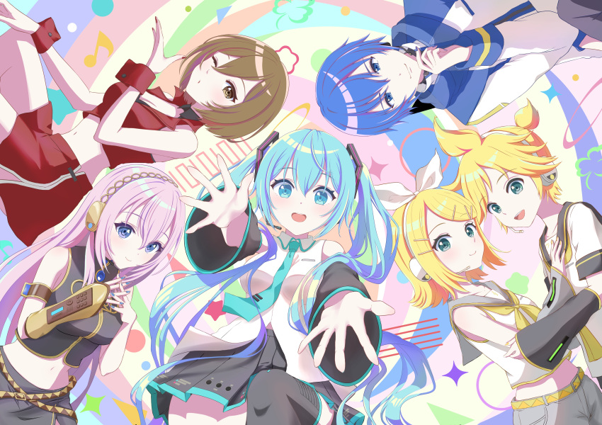 2boys, 4girls, absurdres, aqua_eyes, aqua_hair, aqua_necktie, black_sailor_collar, black_thighhighs