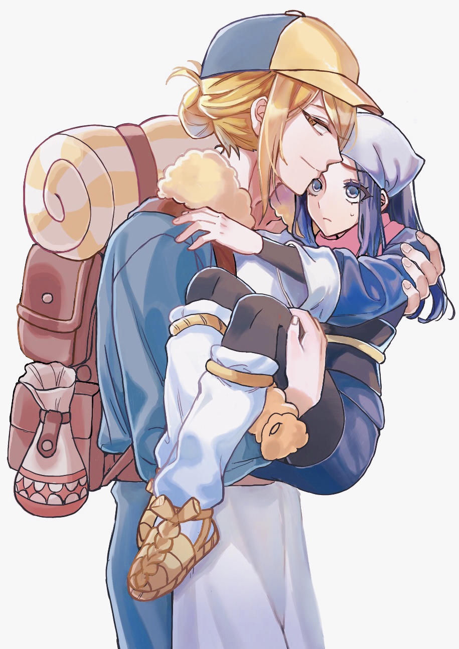 1boy, 1girl, akari_(pokemon), backpack, bag, black_sash, blue_eyes, blue_hair