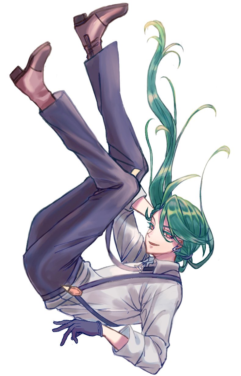 1girl, androgynous, black_gloves, black_necktie, black_pants, bright_pupils, collared_shirt, falling