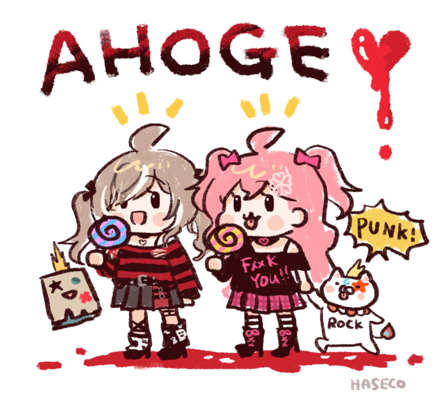 2girls, 35p_(sakura_miko), :3, :d, ahoge, belt, belt_chain, black_footwear