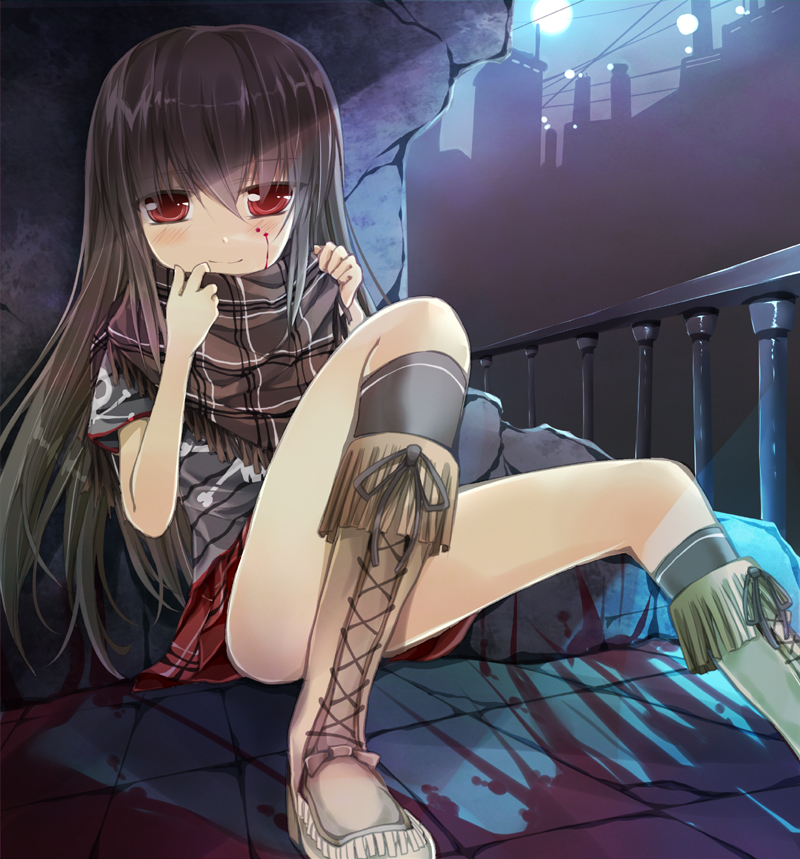 boots, casual, city, hoshikuzu, moon, original, plaid, plaid_scarf, scarf, solo