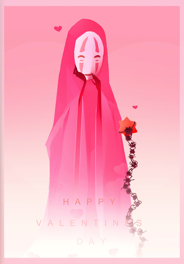 border, commentary, english_commentary, gokupo101, happy_valentine, heart, kaonashi, no_humans, pink_border, pink_theme, sen_to_chihiro_no_kamikakushi, star_(symbol), studio_ghibli, susuwatari
