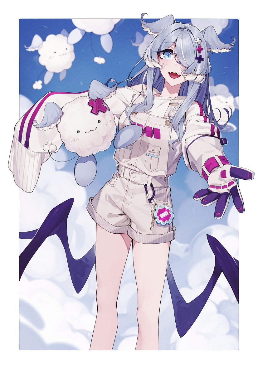 1girl, blue_eyes, blue_hair, blue_sky, breasts, clouds, cloudy_sky, cross-shaped_pupils