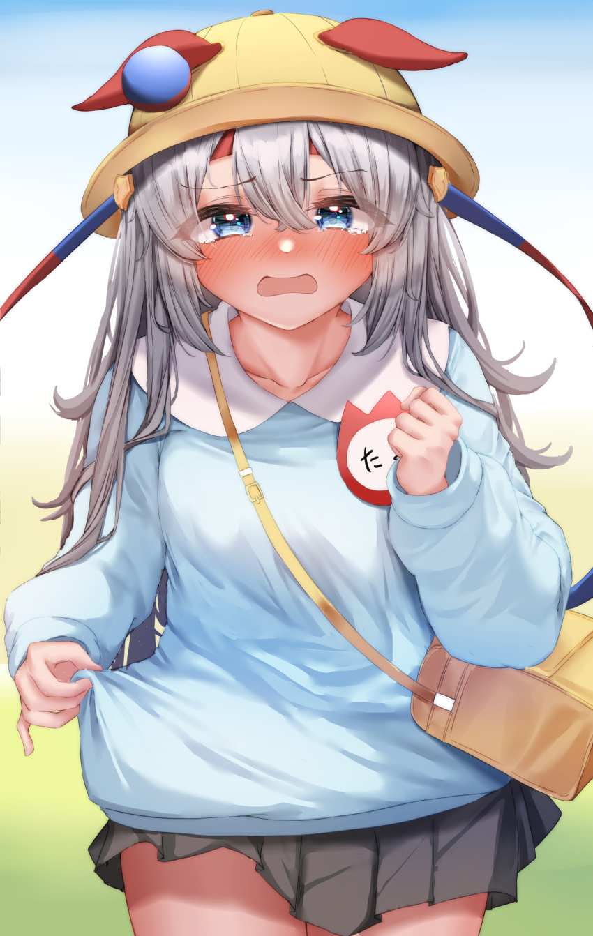1girl, alternate_costume, animal_ears, blue_eyes, blue_headband, blue_shirt, blush, clenched_hand