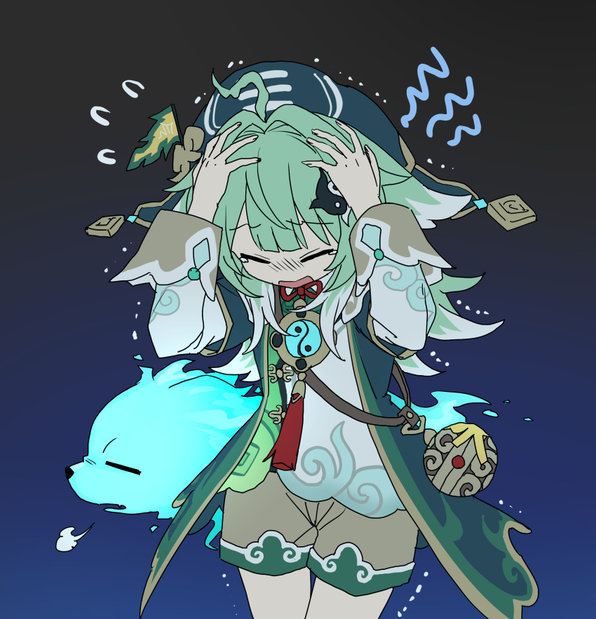 1boy, 1girl, 1other, annoyed, blue_background, brown_shorts, closed_eyes, colored_tips