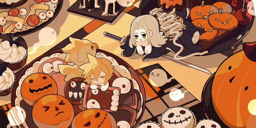 2boys, blonde_hair, blush_stickers, candy_apple, chibi, chinese_commentary, chocobo, closed_eyes