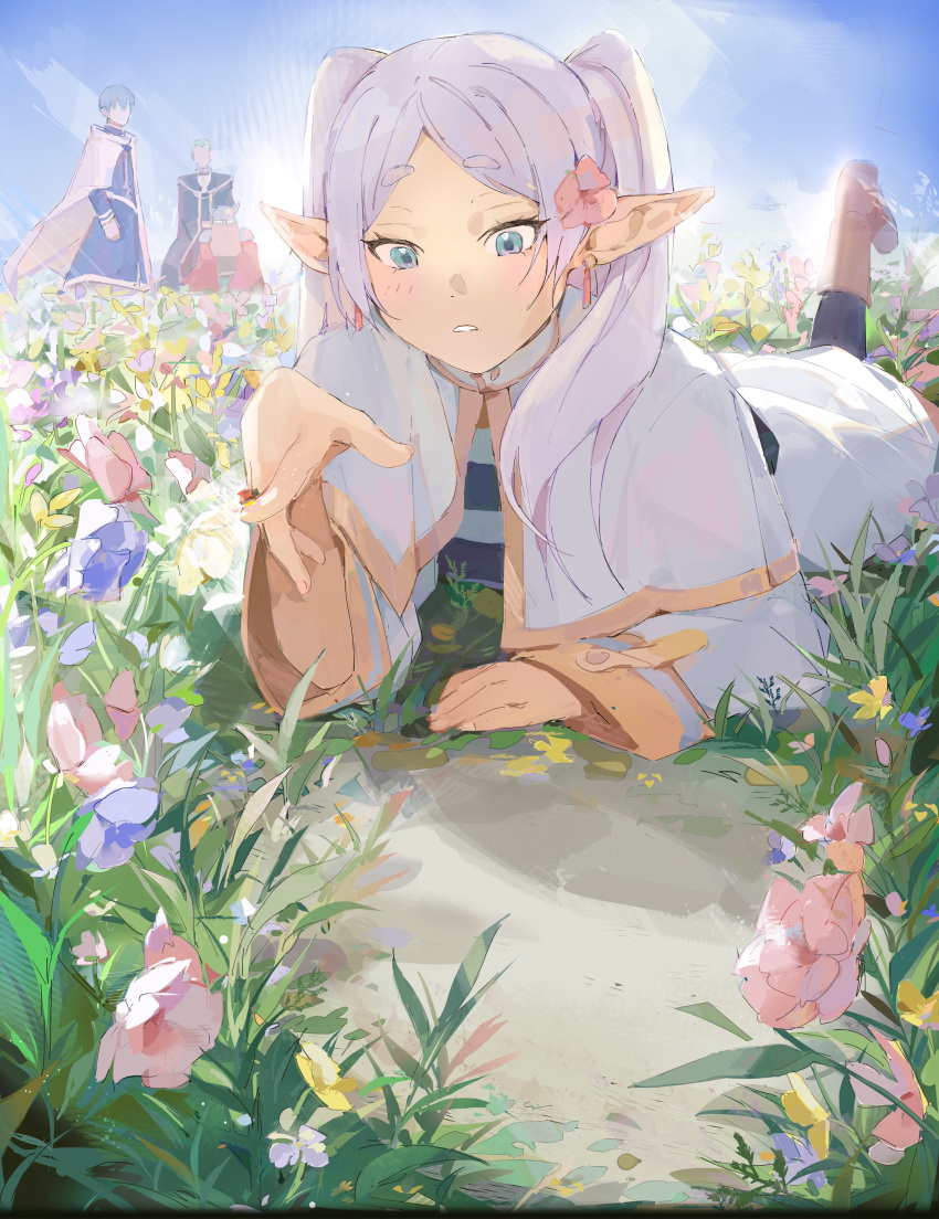 1girl, 3boys, absurdres, beard, black_pantyhose, blue_eyes, blue_flower, blue_hair, brown_footwear, bug, cape, capelet, character_request, clouds, commentary, dangle_earrings, day, drop_earrings, dwarf, earrings, elf, facial_hair, field, flower, flower_field, frieren, grass, grey_hair, hair_flower, hair_ornament, helmet, highres, hikkishi, himmel_(sousou_no_frieren), jewelry, ladybug, ladybug_on_finger, light_blush, long_beard, long_hair, long_sleeves, multiple_boys, on_ground, outdoors, pantyhose, parted_lips, petals, pink_flower, plant, pointy_ears, raised_eyebrows, shirt, short_hair, sky, sousou_no_frieren, striped_clothes, striped_shirt, twintails, vertical-striped_clothes, vertical-striped_shirt, white_cape, white_capelet, yellow_flower