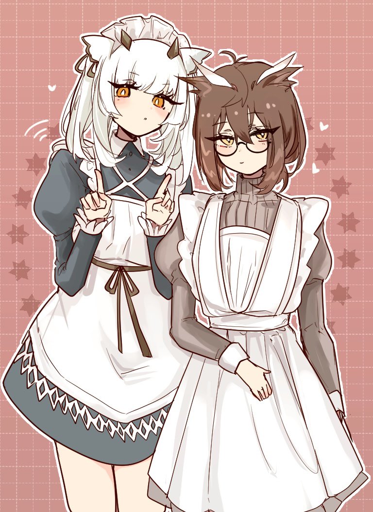 2girls, :o, alternate_costume, apron, arknights, black_dress, blush, brown_dress