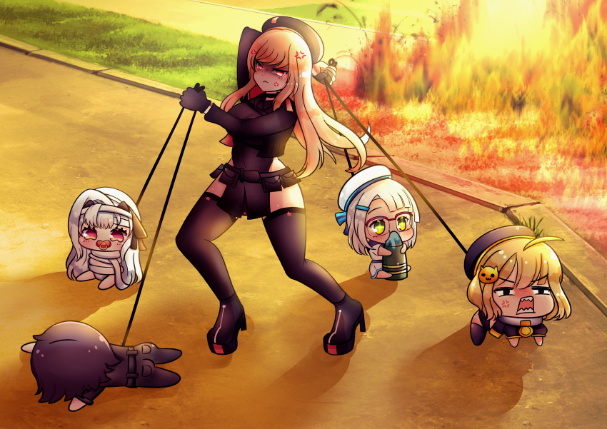 1boy, 4girls, absurdres, ahoge, all_fours, ammunition, anger_vein, anis_(nikke)