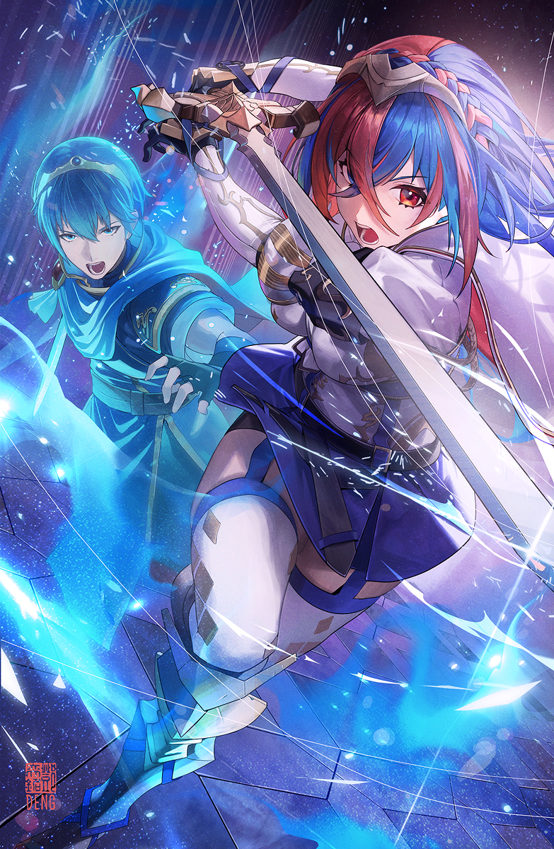 1boy, 1girl, alear_(female)_(fire_emblem), alear_(fire_emblem), blue_hair, fire_emblem, fire_emblem_engage, marth