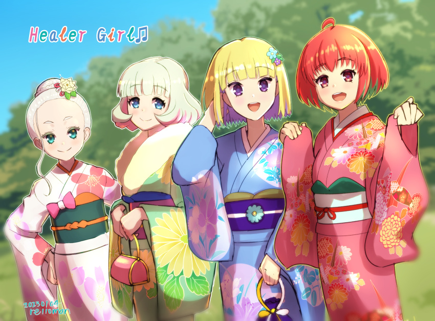 4girls, bag, blonde_hair, blue_eyes, blue_kimono, copyright_name, floral_print_kimono, flower