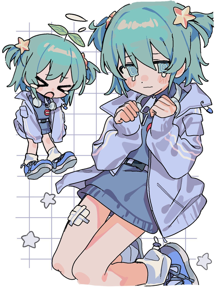 >_<, 1girl, @_@, aqua_eyes, aqua_hair, blue_footwear, blush, chibi