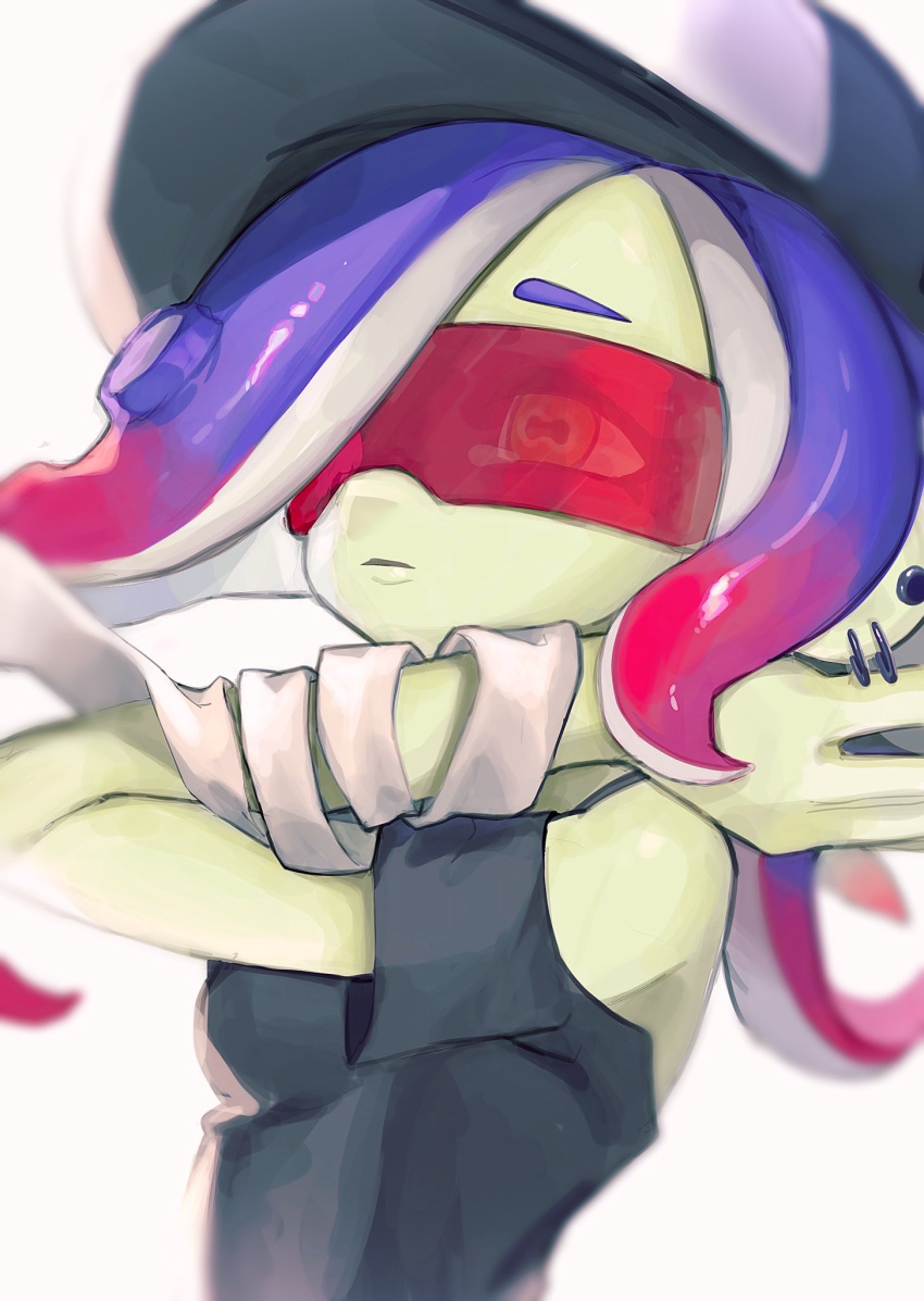 1girl, bandaged_arm, bandages, bare_shoulders, baseball_cap, black_headwear, blue_hair, breasts