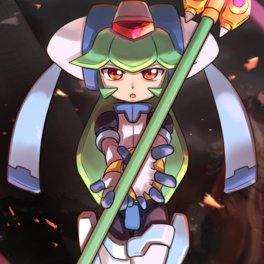 1girl, armor, black_bodysuit, bodysuit, forehead_jewel, glowing, green_hair, helmet