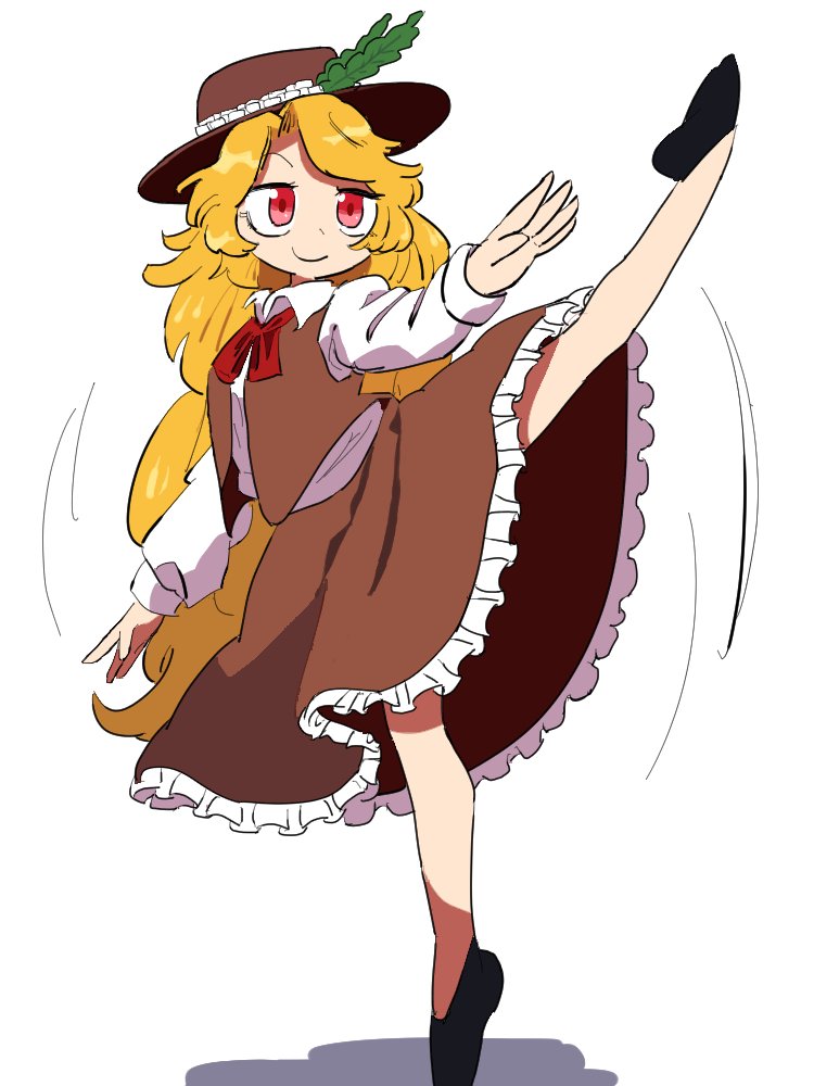 1girl, ascot, black_footwear, blonde_hair, brown_headwear, brown_skirt, brown_vest, dancing