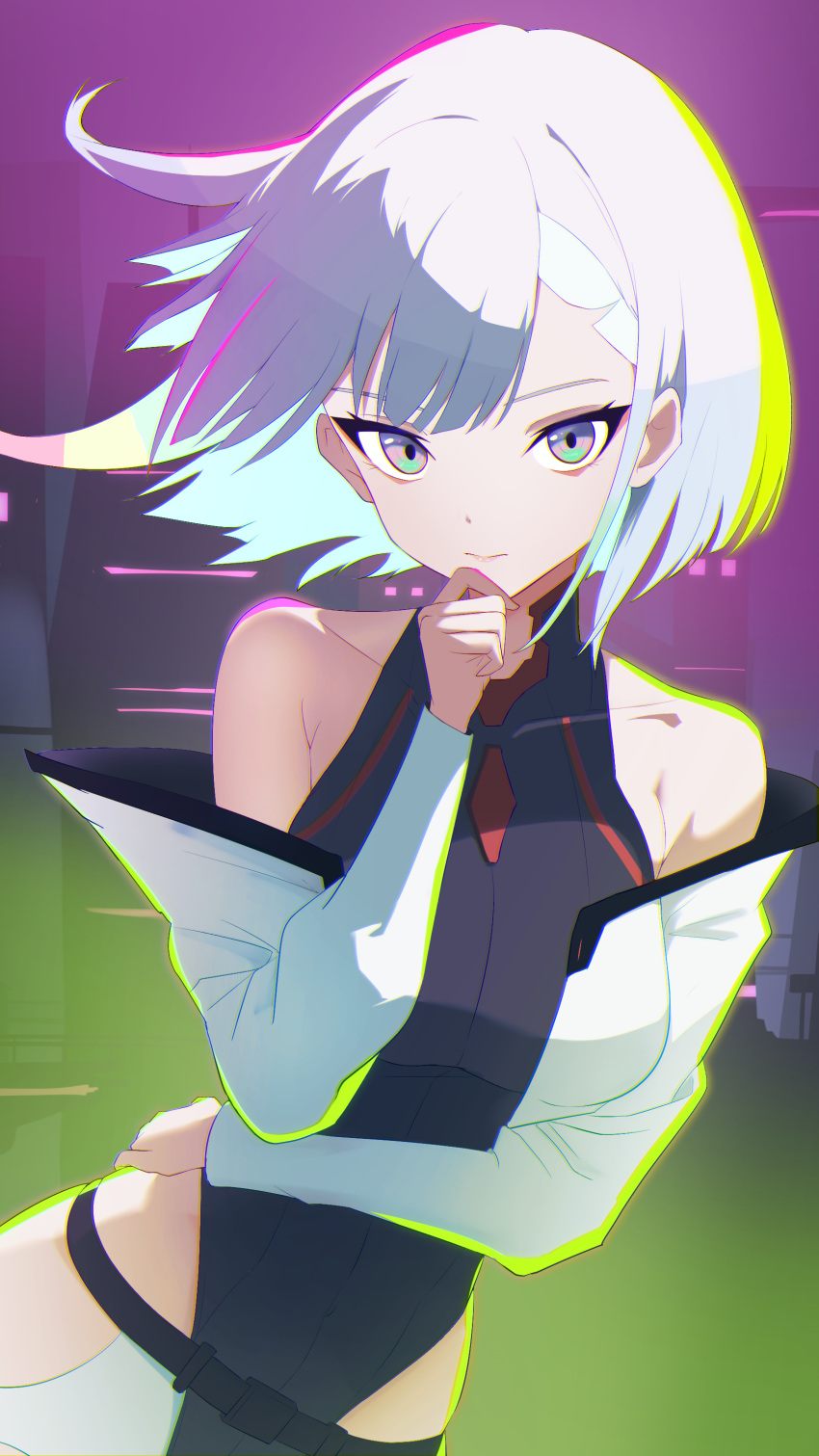 1girl, absurdres, aqua_hair, bare_shoulders, black_leotard, blonde_hair, breasts, closed_mouth