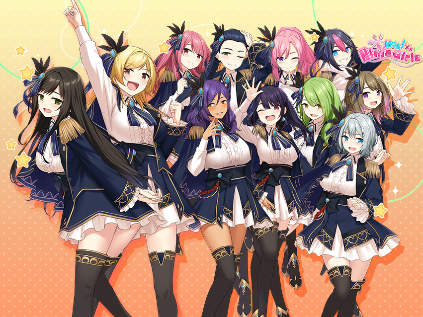 6+girls, arm_up, beatrix_yozuki_noctiflora, black_bow, black_feathers, black_footwear, black_hair, black_thighhighs