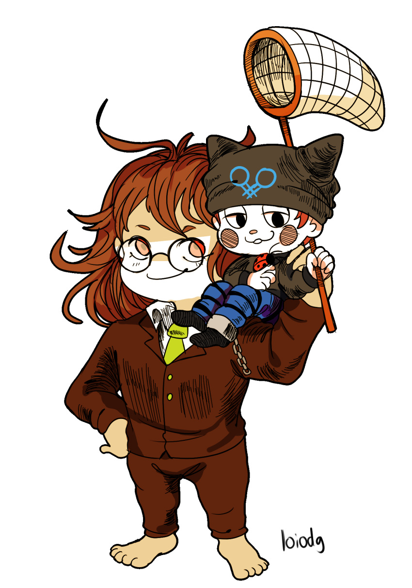 2boys, :3, animal_ear_headwear, animal_ears, animal_on_hand, artist_name, barefoot, black-framed_eyewear