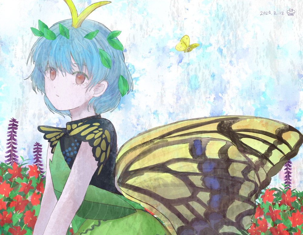 1girl, alt_text, antennae, blue_hair, brown_eyes, butterfly_wings, chisa_yasunaga, closed_mouth