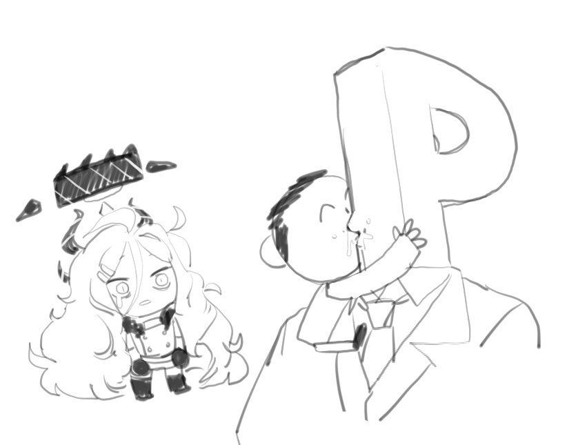 1girl, 2boys, ahoge, blue_archive, demon_horns, doodle_sensei_(blue_archive), french_kiss, greyscale
