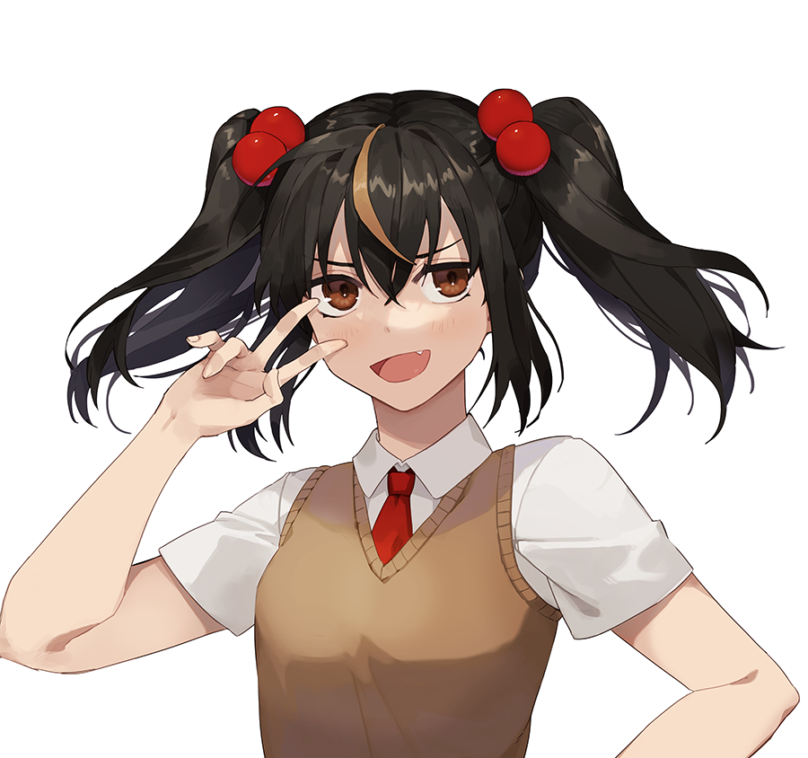1girl, :d, black_hair, blush, brown_eyes, brown_vest, collared_shirt, fang