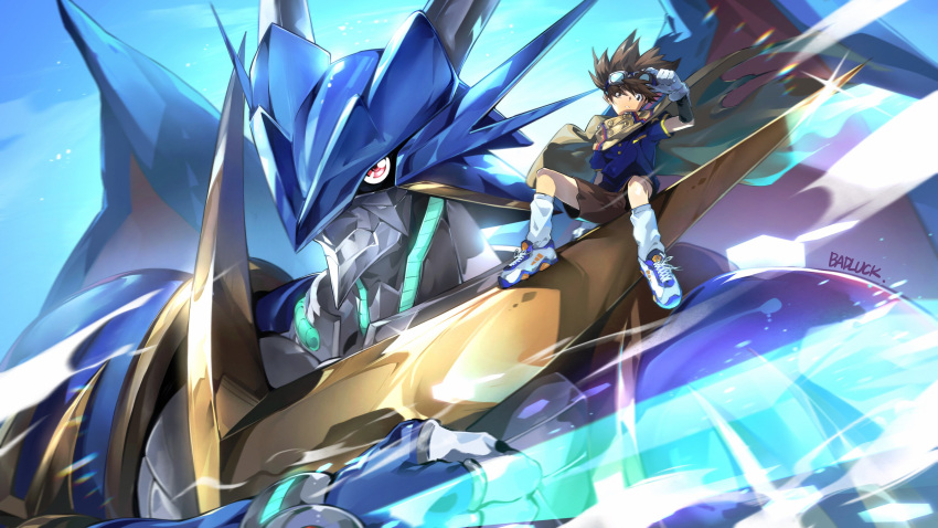 1boy, absurdres, adjusting_goggles, armor, artist_name, badluck, blue_shirt, blue_skin